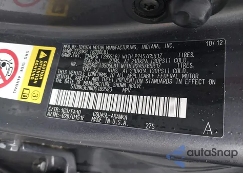 2013 Toyota Highlander Base Plus V6 из США, поврежденный, VIN 5TDBK3EH8DS189583